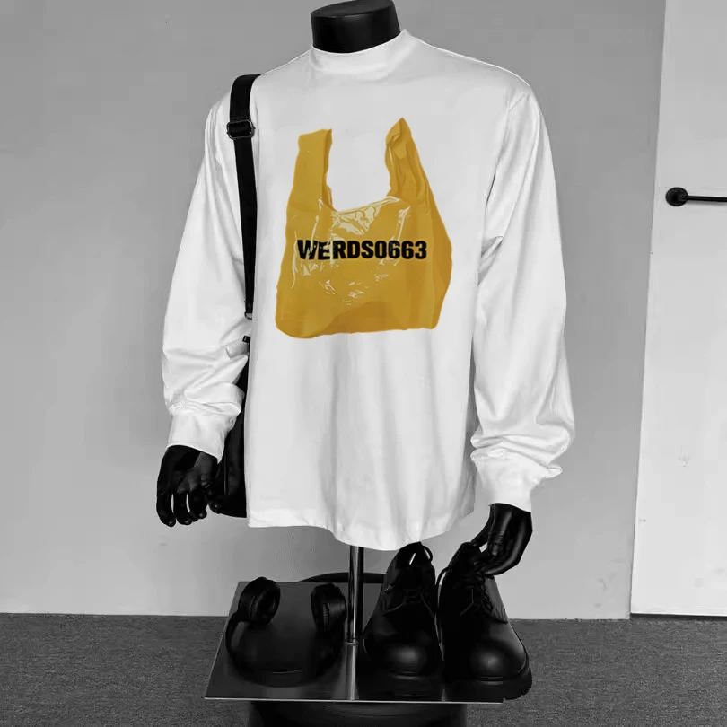 100%纯棉重磅美式复古黄色塑料袋印花宽松休闲长袖T恤打底衫ins潮