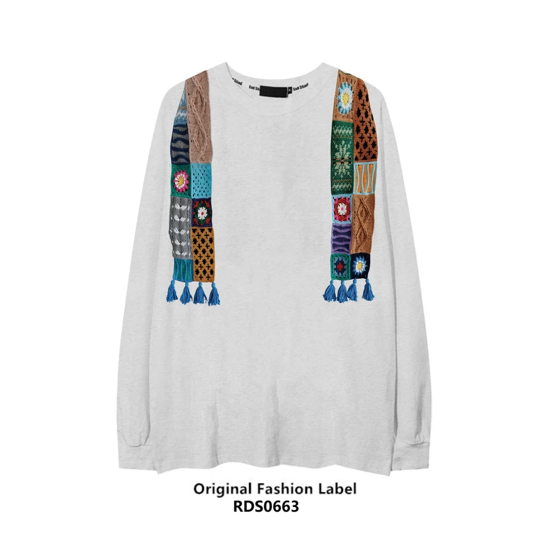 100%纯棉重磅美式复古祖母方格围巾印花宽松休闲长袖T恤打底衫潮