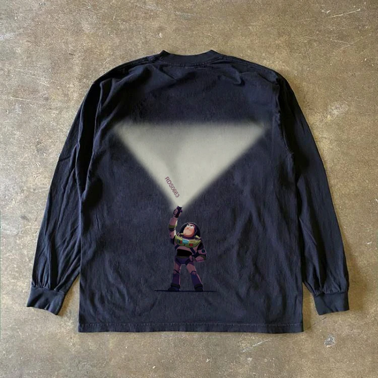 100%纯棉重磅美式复古卡通巴斯光年的照亮印花长袖T恤打底衫上衣