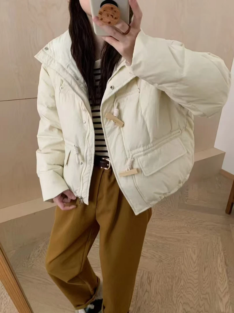韩系牛角扣立领方口袋短款鸭鸭外套