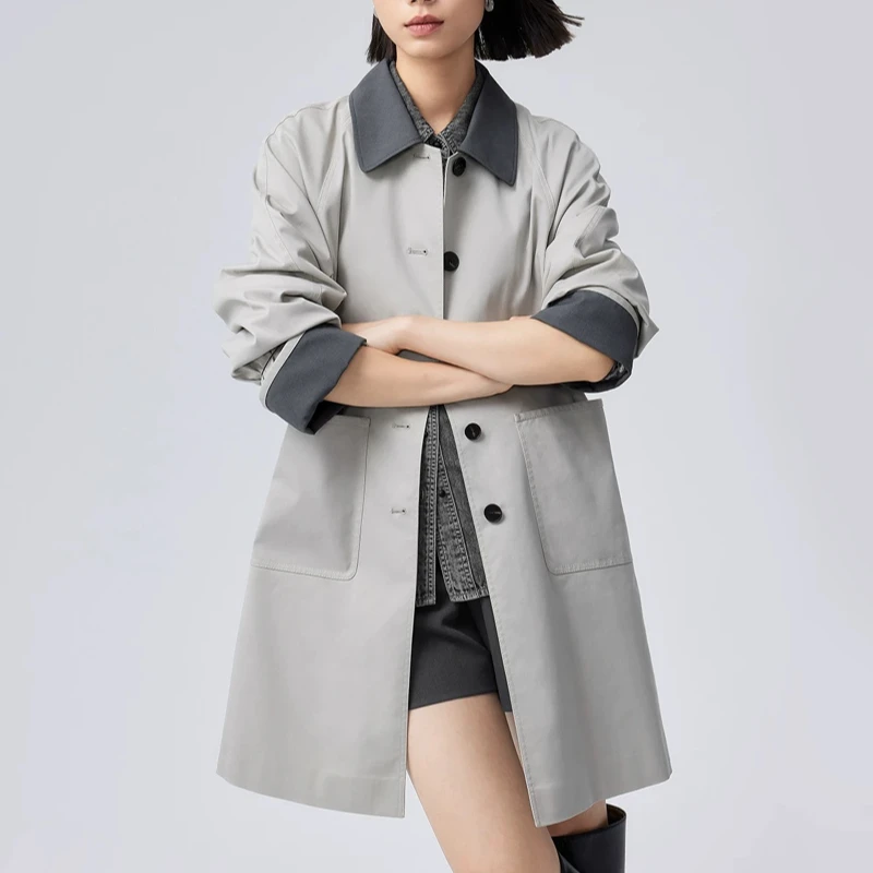 伊系列撞色拼接气质中长款风衣外套女2024秋季新款95728