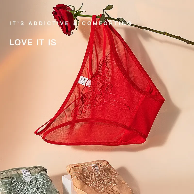 蕾丝内裤女全透超薄红色刺绣中腰无痕性感舒适透气薄款纯欲三角裤