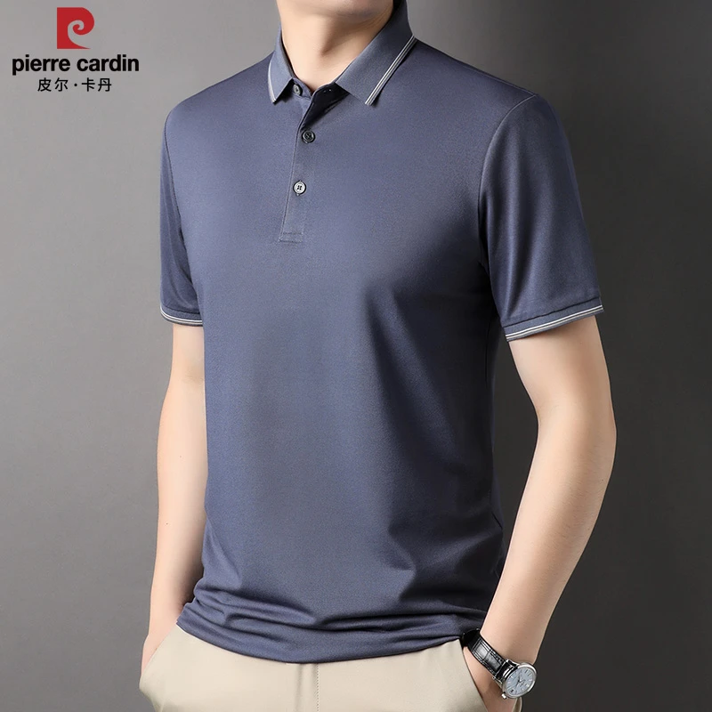 皮尔卡丹中年男士桑蚕丝翻领短袖POLO衫夏季商务高档t恤男23929