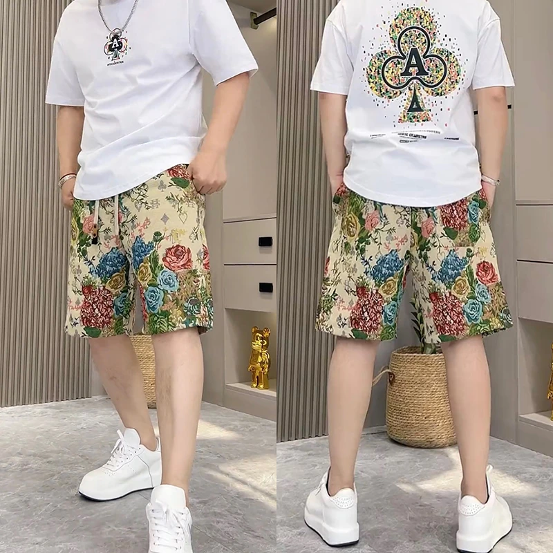 男士短裤夏季新款彩绘玫瑰五分休闲裤潮流百搭宽松透气运动沙滩裤