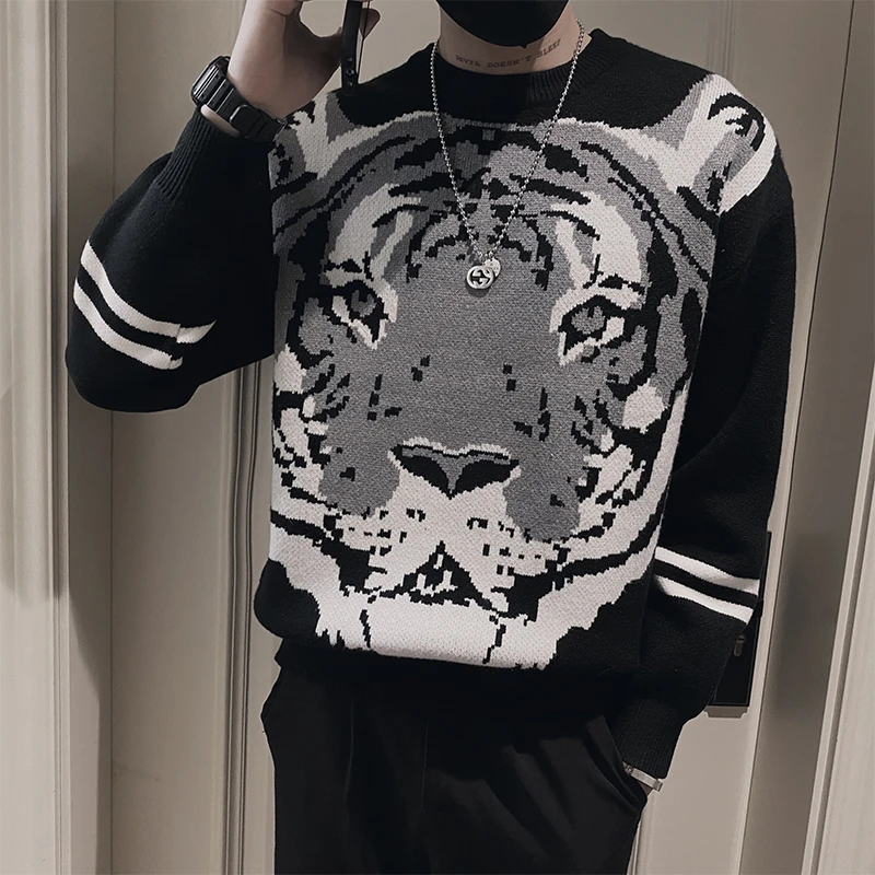 潮牌老虎毛衣男士秋冬季痞帅提花针织衫2023新款爆款男装打底线衣