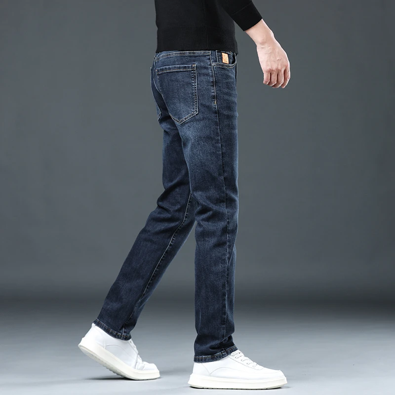轻奢高端冬季蓝色牛仔裤男士修身小直筒长裤高端百搭弹力休闲男裤
