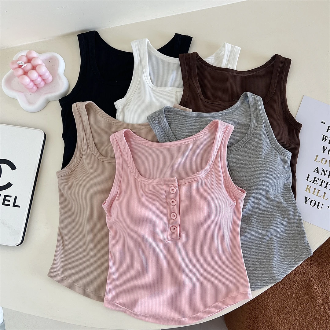 新款纽扣吊带背心女大码外穿显瘦修身打底无袖上衣百搭韩版美背