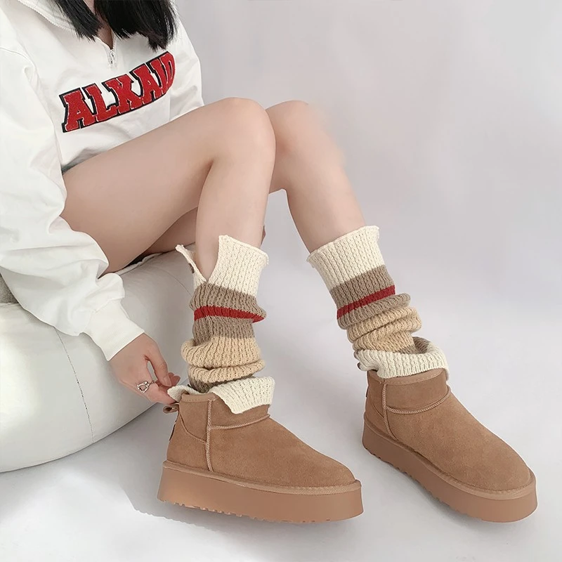 夜间教习室腿套女款冬季复古jk小腿袜毛线针织袜套拼色显瘦堆堆袜