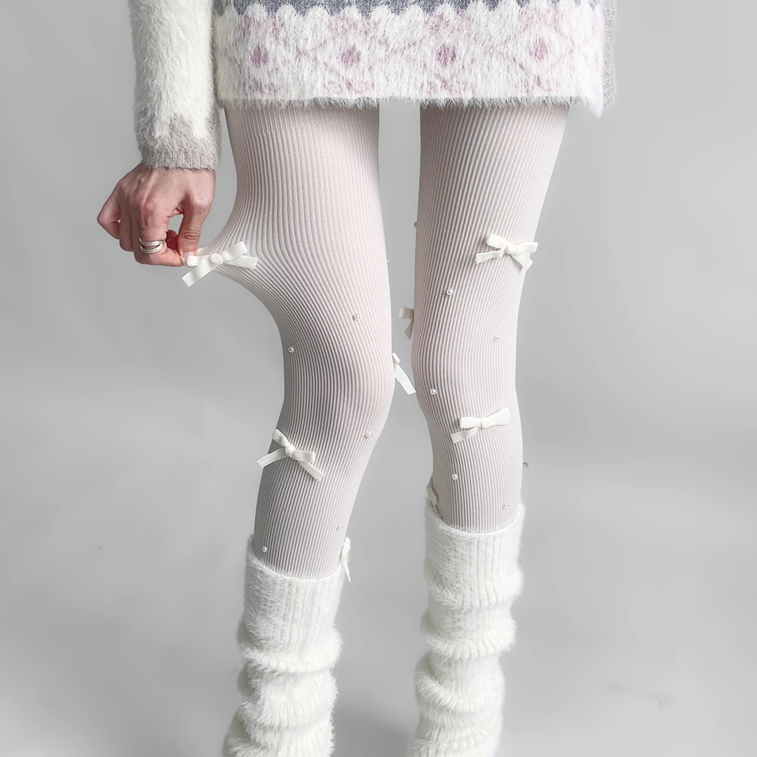 夜间教习室蝴蝶结丝袜女冬lolita白丝打底连裤袜可爱日系珍珠袜子