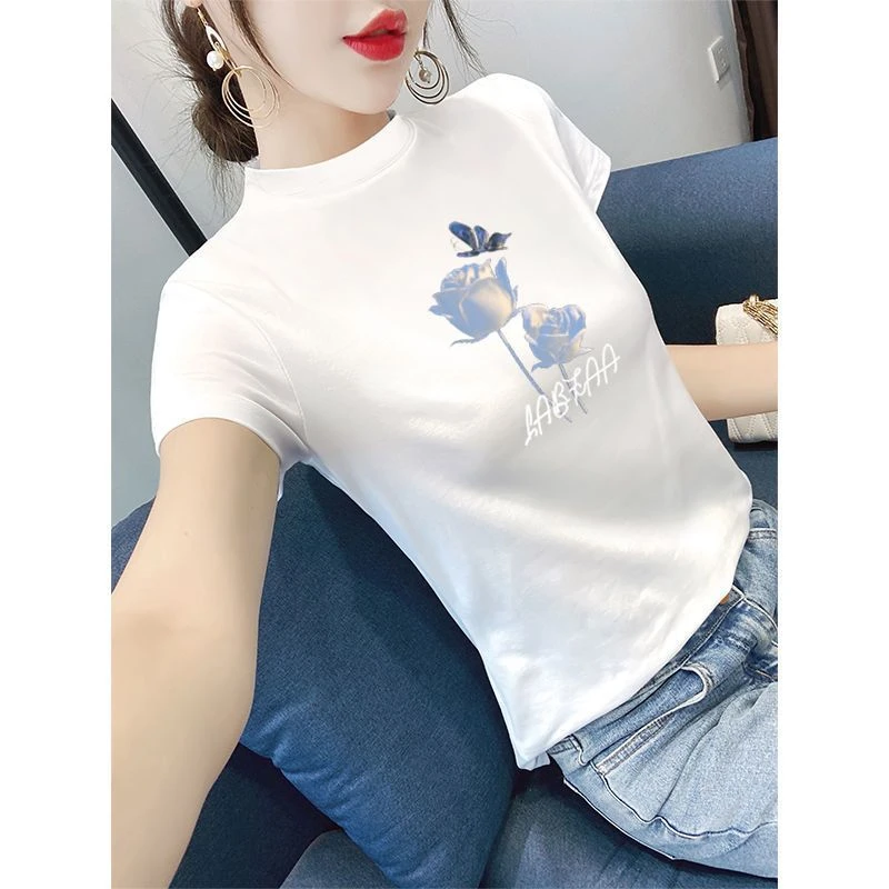 夏季2024新款短袖洋气棉质修身白色显瘦半高领上衣ins潮网红打底