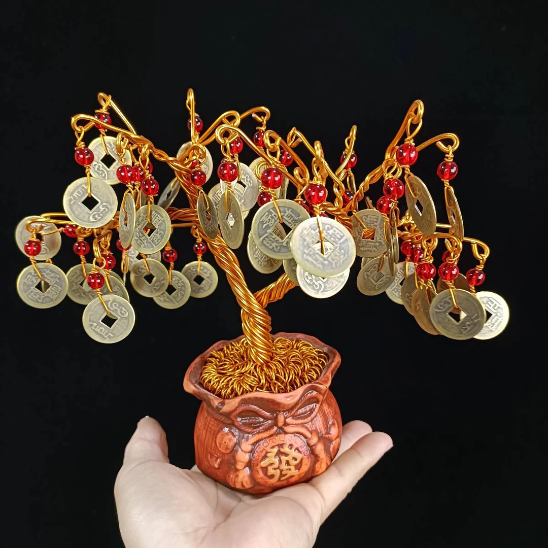 纯手工编织摇钱树办公室玄关店铺酒柜装饰桌面盆景金色手工艺摆件