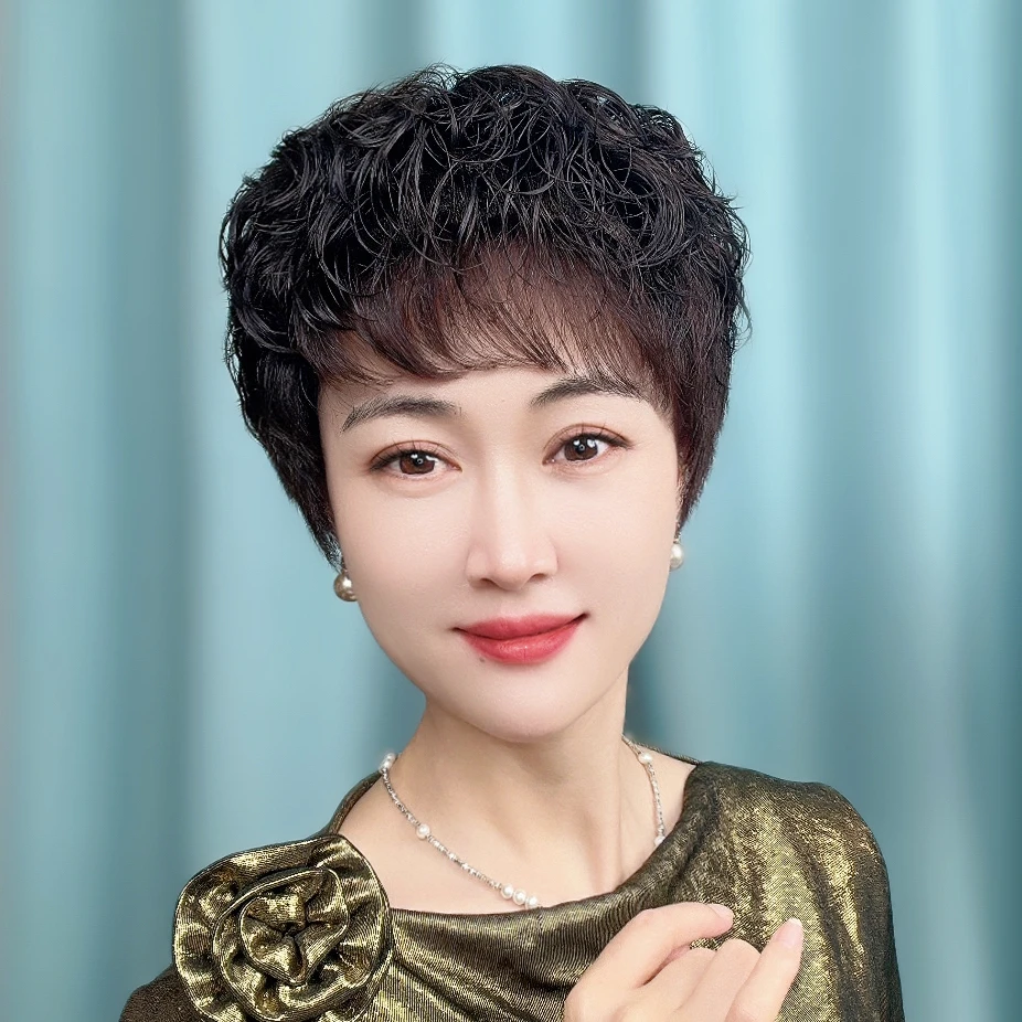 【全手织大卷】夏季轻薄女士假发套遮白发妈妈减龄短卷发全真发A02
