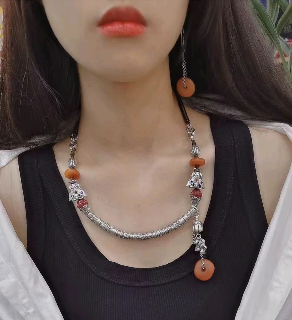 坠链均925银 【七牌银楼】纯银复古喜上眉梢弯管项链