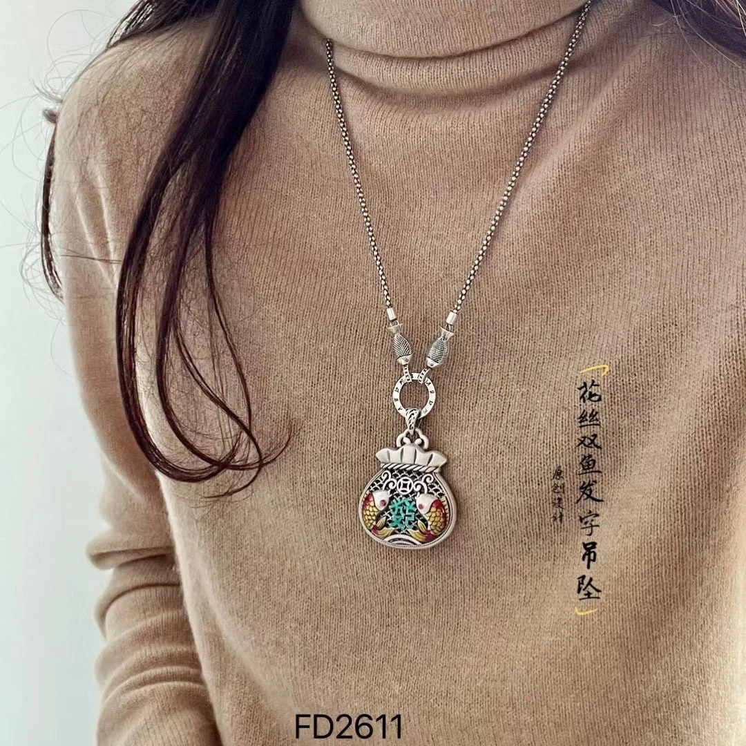吊坠足银珐琅 【七牌银楼】纯银手工时尚双鱼福袋项链毛衣链百搭