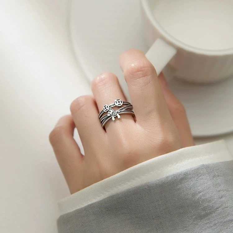 足银戒指 【七牌银楼】纯银复古时尚小众马上有钱花个性指环