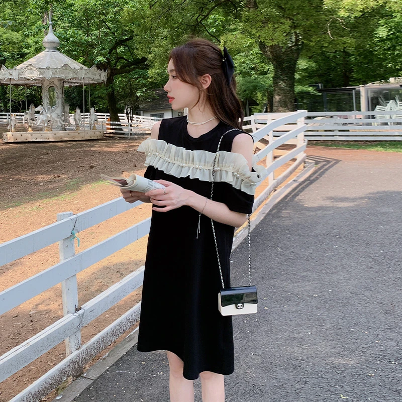 高级感露肩冰丝针织连衣裙女小个子2023夏新款设计感小黑裙子835