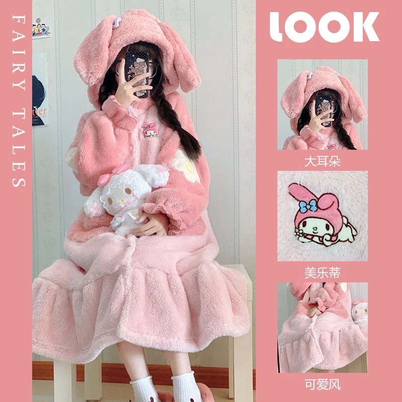 睡衣女秋冬季加绒加厚大眼仔睡袍可爱卡通家居服保暖睡衣可外穿