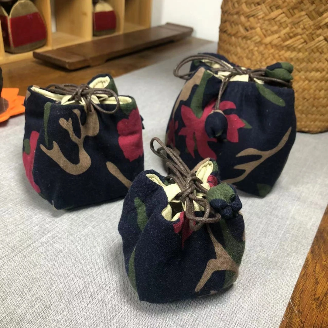红迷彩棉麻斗金套组 壶袋 杯袋 茶壶保护袋 收纳袋 彧红手作