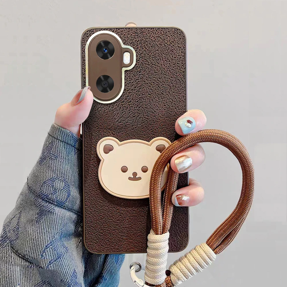 适用华为畅享60手机壳新款60pro可爱小熊高级皮纹手绳ins全包防摔