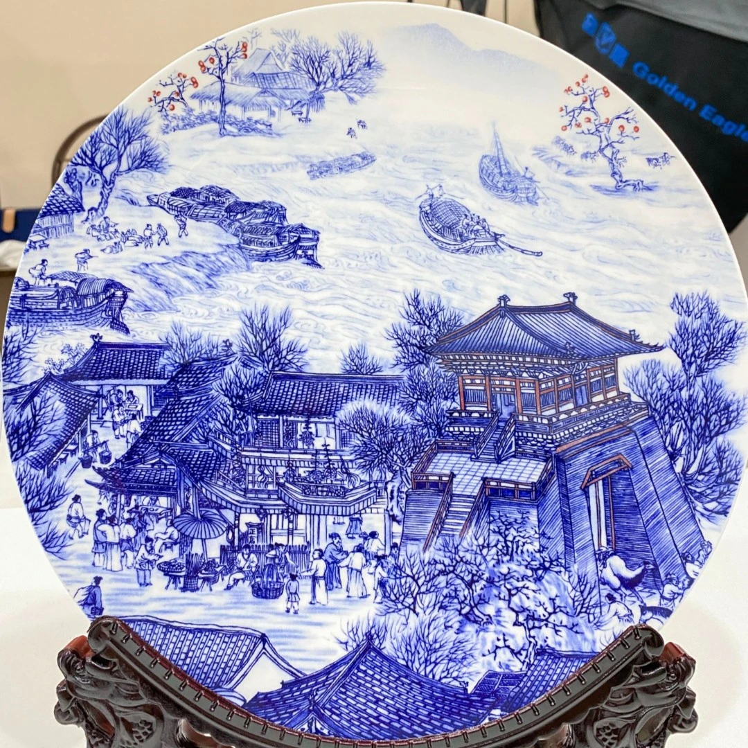 王锡良《清明上河图》对盘景德镇陶瓷器中式盘子釉里红