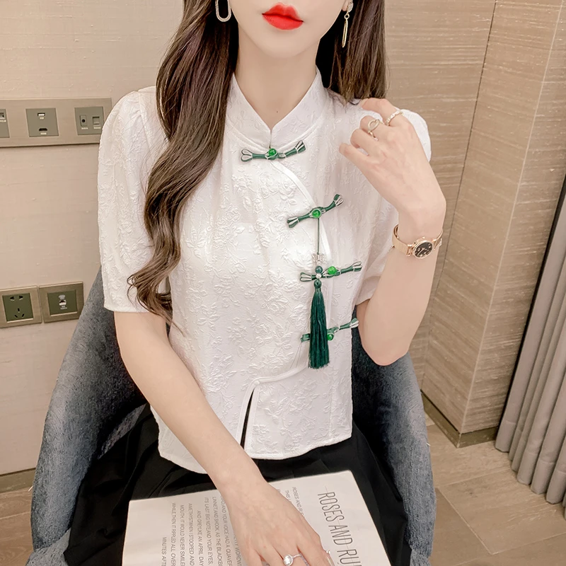 新中式衬衫女短袖夏季2025年新款设计感小众泡泡袖不规则盘扣上