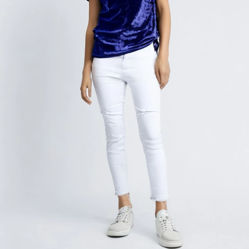 大码白色裤子刺绣九分裤牛仔裤小脚裤弹力高腰棉质百搭修身裤子