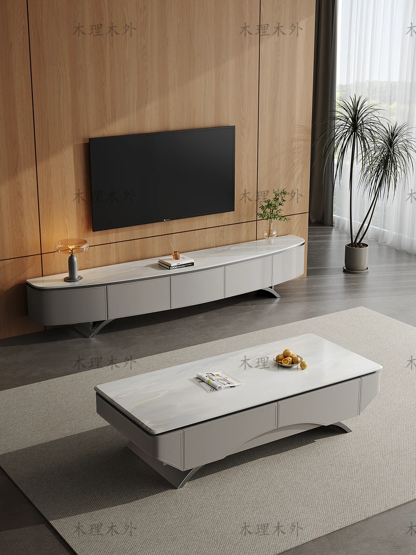 现代客厅家用天然大理石奢石岩板茶几电视柜组合别墅家用轻奢茶几