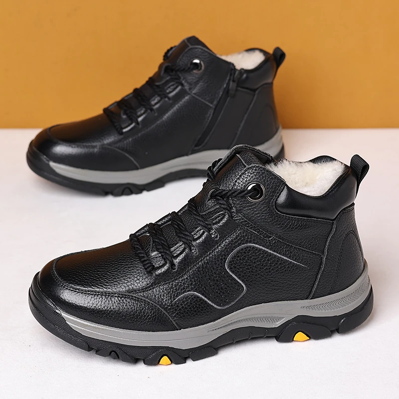 新款户外雪地男士棉鞋男高帮冬季保暖真皮加绒皮毛一体防滑棉鞋男