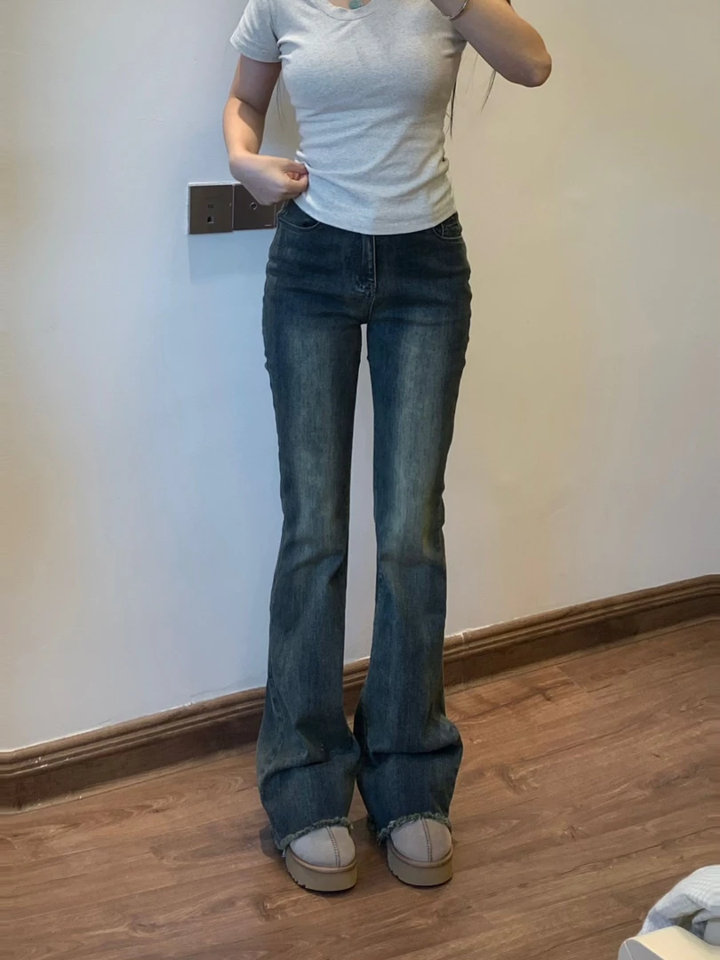 美式复古高腰修身显瘦梨形微喇牛仔裤女2025毛边微喇裤弹力喇叭裤