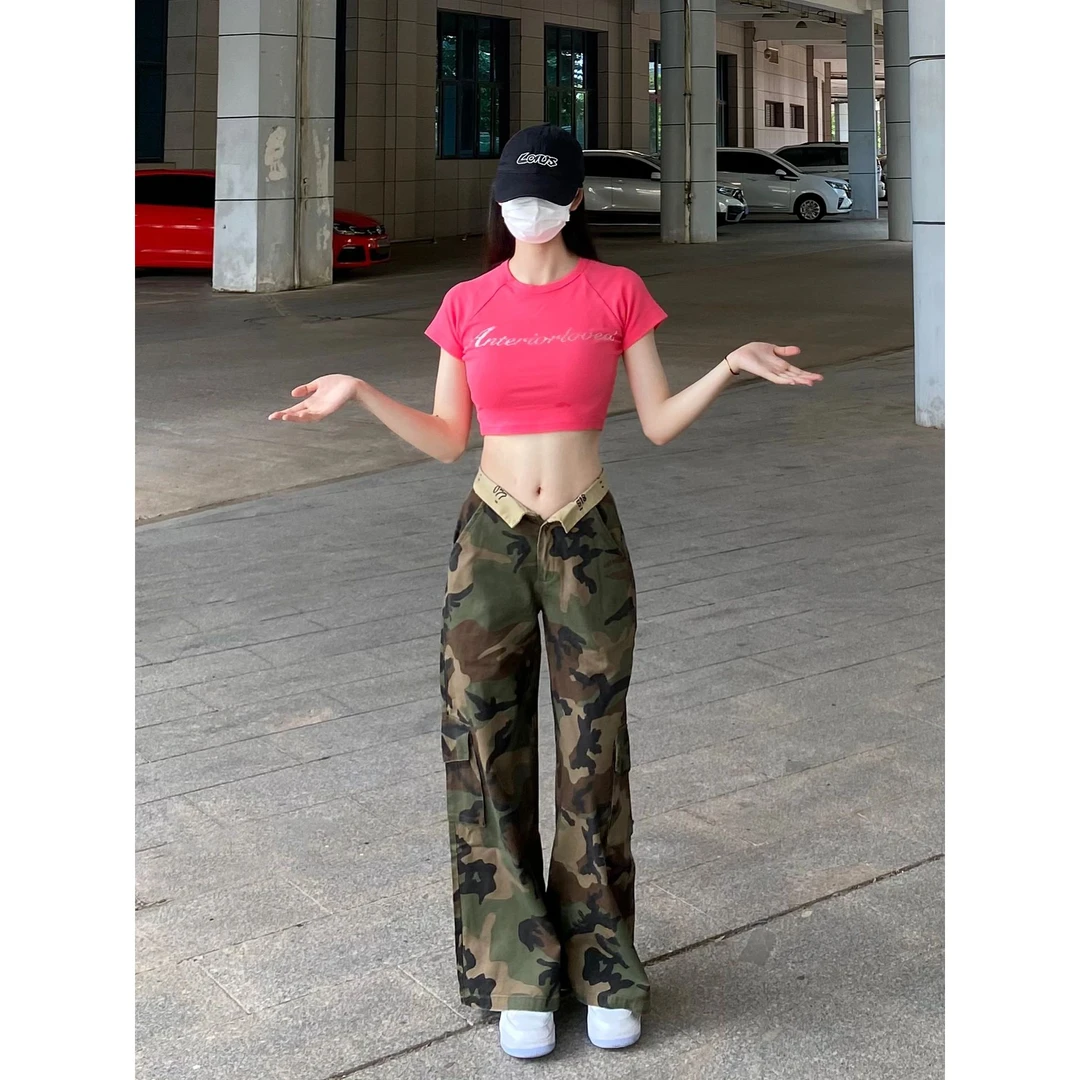 夏季新款宽松显瘦辣妹高腰翻边直筒拖地裤美式迷彩工装裤女