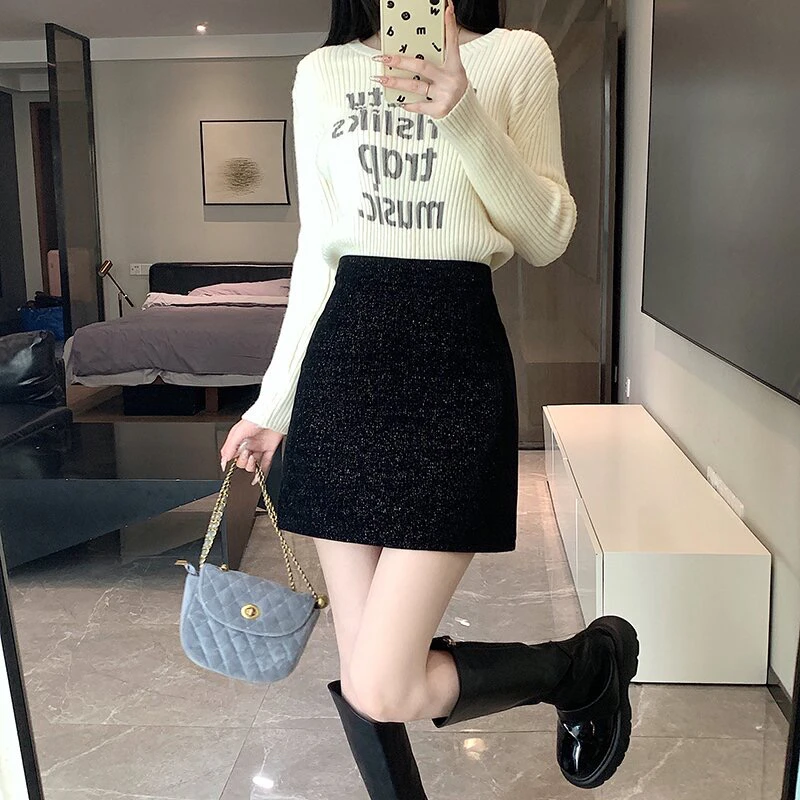 亮丝雪尼尔女半身裙秋冬新款高腰显瘦百搭一步裙a字短裙包臀裙子