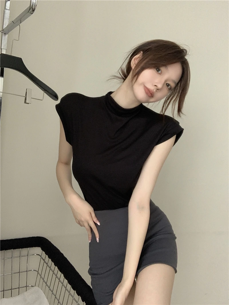 早秋软糯小立领短袖T恤女纯色简约百搭飞飞袖上衣修身显瘦内搭