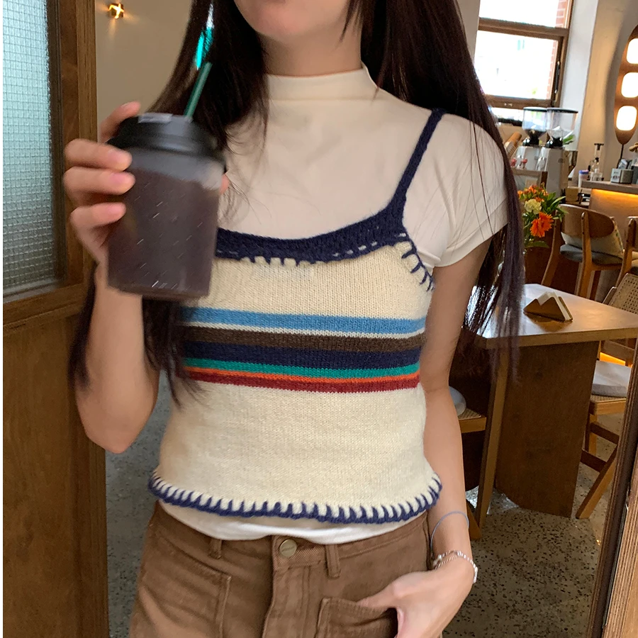 韩系复古叠穿吊带马甲针织两件套女早秋新款设计感外搭长袖上衣女