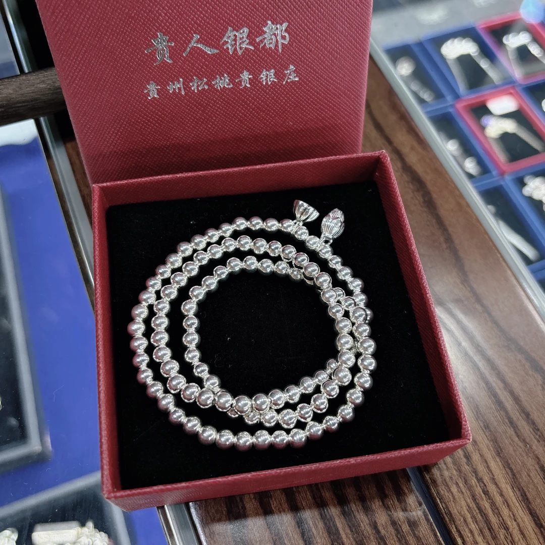 足银手链 足银手链光面纯银珠珠子多圈时尚精美银链手工