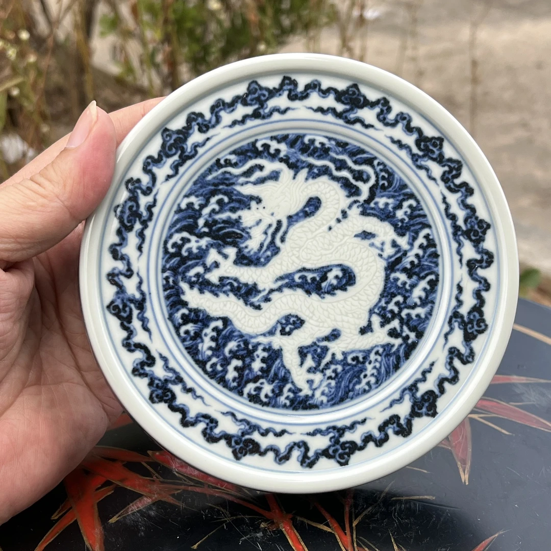 舜瓷天工一品暗刻龙盖置手绘龙纹纯手工缠枝柴窑陶瓷全手工釉下彩
