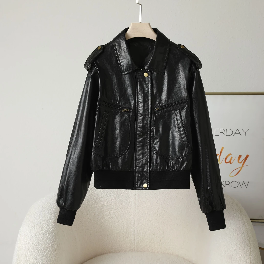 头层绵羊皮皮夹克外套皮衣女外套女装短款时尚百搭黑色短外套