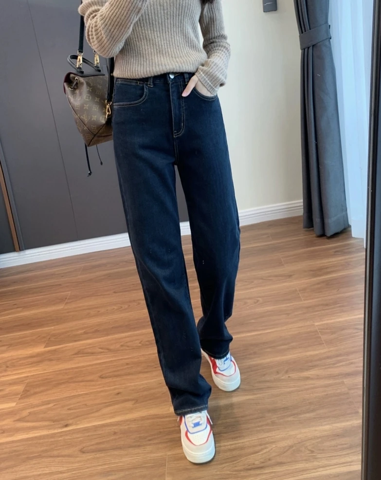 秋冬新款胖mm梨型身材弹力直筒牛仔裤显瘦显高直筒阔腿裤