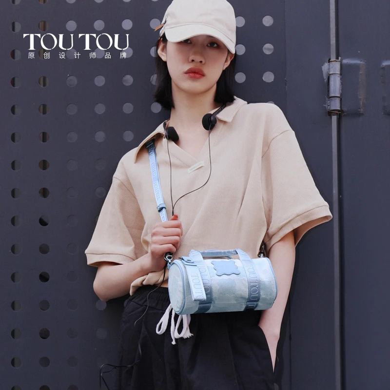 TOUTOU2023新款原创设计饼干纹牛仔波士顿包休闲单肩斜挎包40208