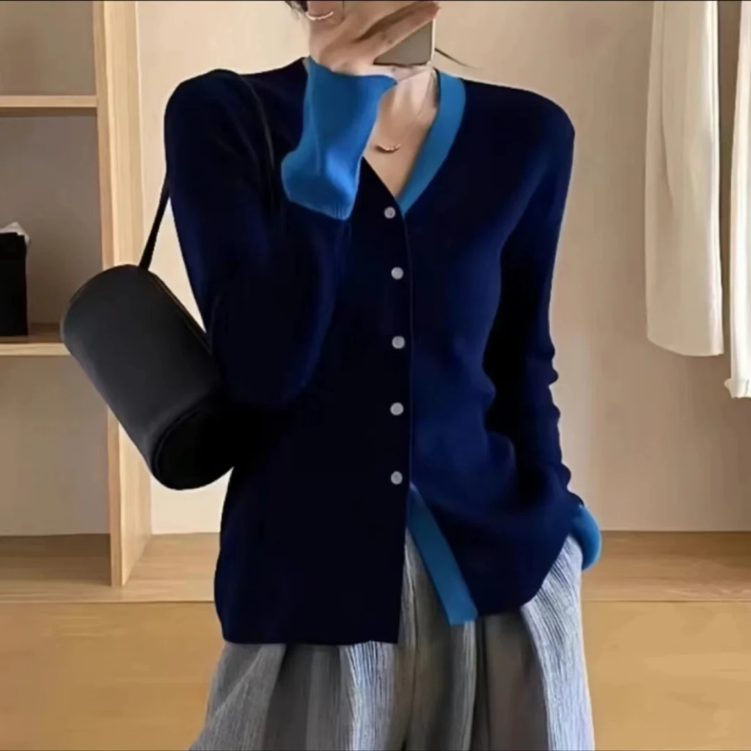 撞色v领针织开衫秋季气质单排扣毛衣韩版洋气显瘦上衣-YSGC859