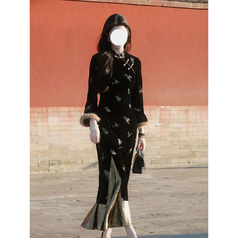 新中式连衣裙国风复古烫金丝绒改良旗袍高贵气质秋冬款旗袍裙洋气