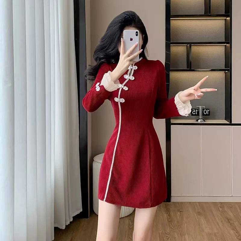 2024秋冬新款新中式改良旗袍裙子甜美减龄荷叶边短款小个子连衣裙