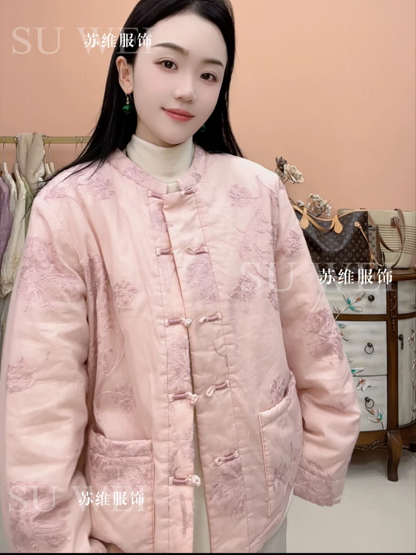 【维揽】8381国风复古苎麻文艺盘扣加棉外套女新中式宽松立领棉服