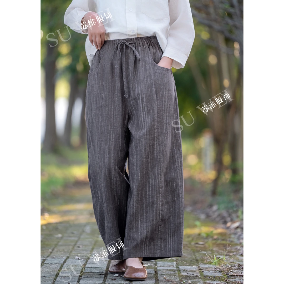 8219时尚休闲裤苎麻百搭条纹休闲气质显瘦女士M裤长96，L101cm