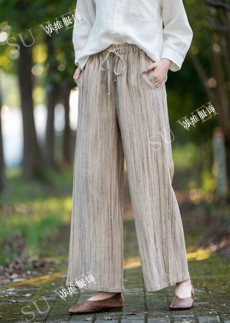 3101油墨色织工艺苎麻时尚百搭休闲裤M92,L98cm