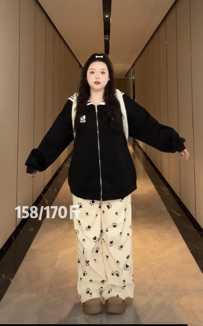 大码学院风秋季懒惰风海军领外套+猫爪印花裤