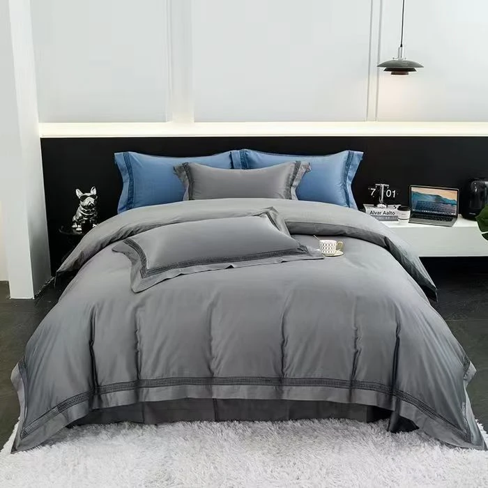 镂空边 北上广轻奢匹马棉轻奢高档精品纯色四件套极简时尚黄一恒