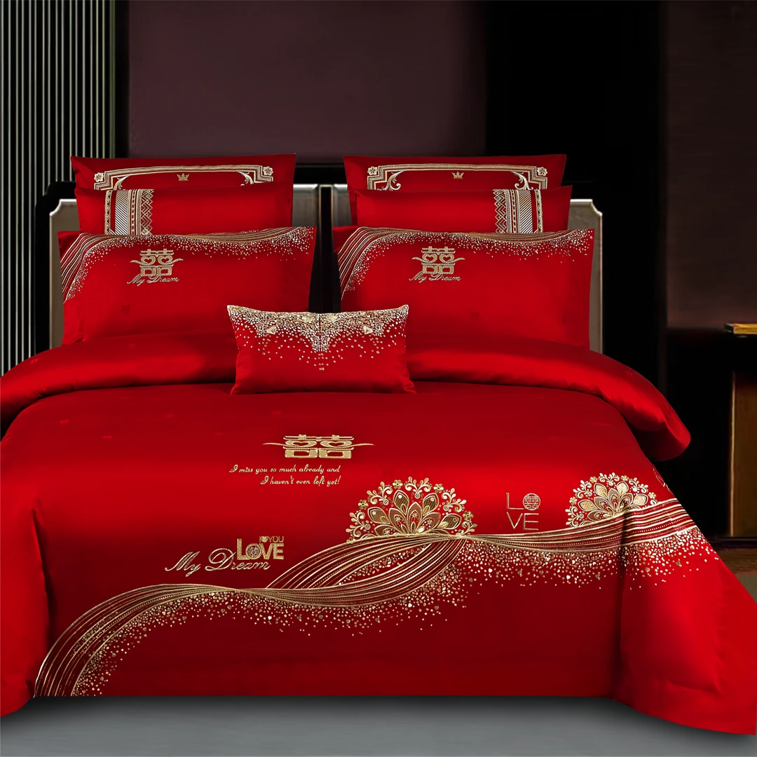 克拉恋人高端长绒棉刺绣结婚四件套大红色婚庆全棉床上用品黄一恒