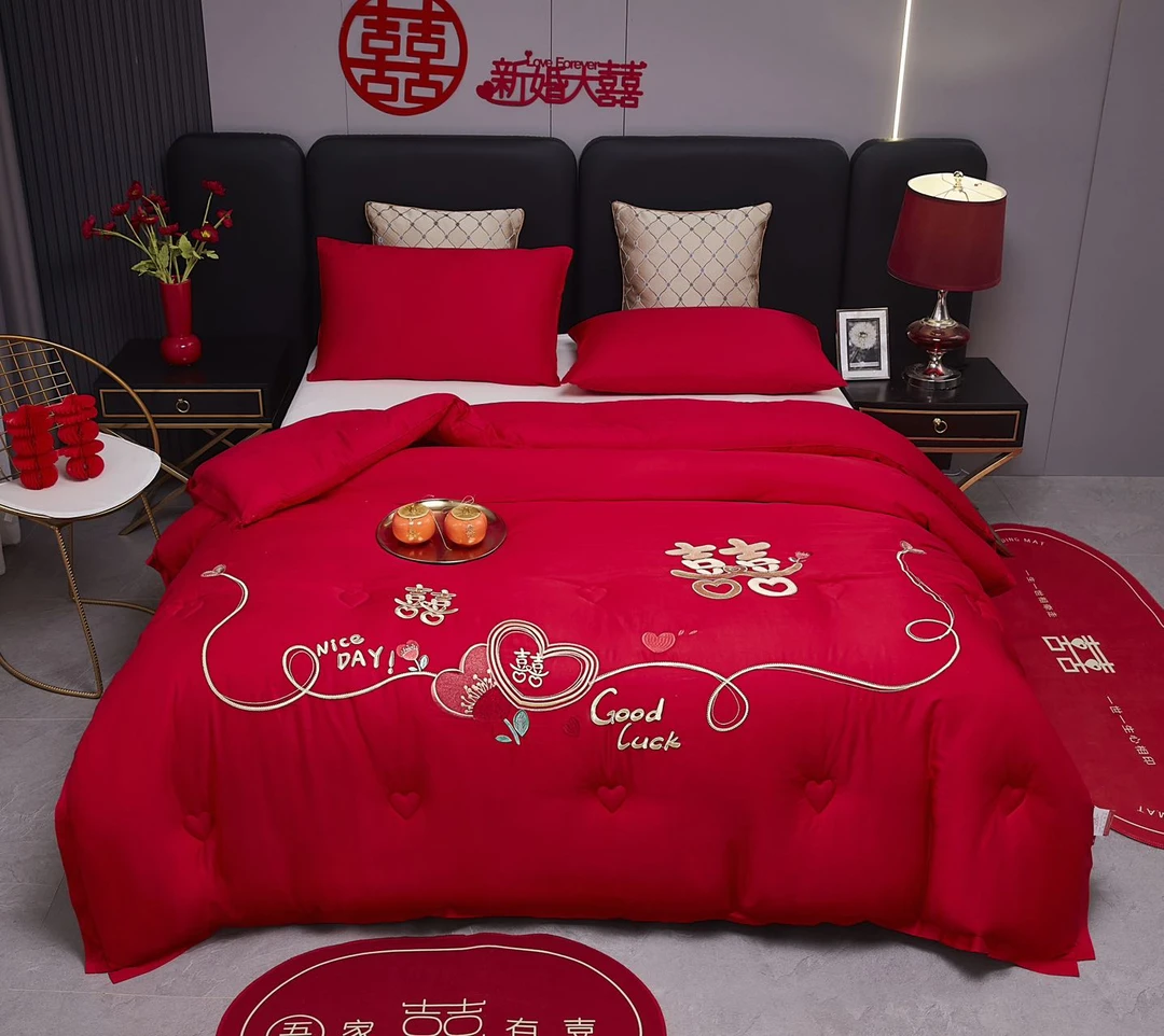 心心相印结婚喜被高档大红色婚被秋冬被婚房绣花大豆被子黄一恒
