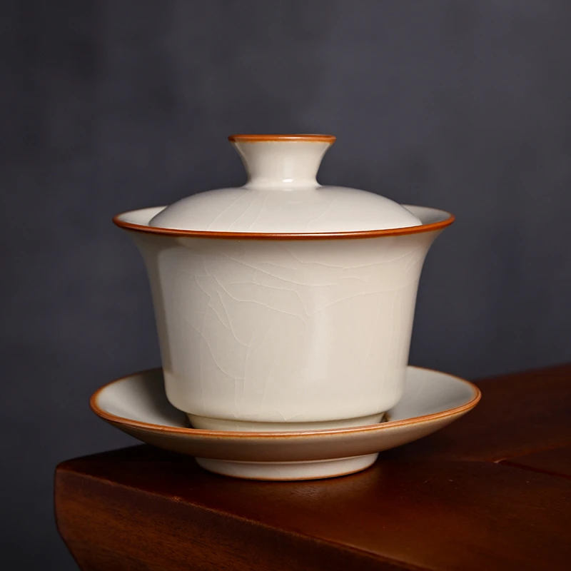 米黄汝窑盖碗功夫茶具家用陶瓷开片可养汝瓷泡茶器中式敬茶杯带盖