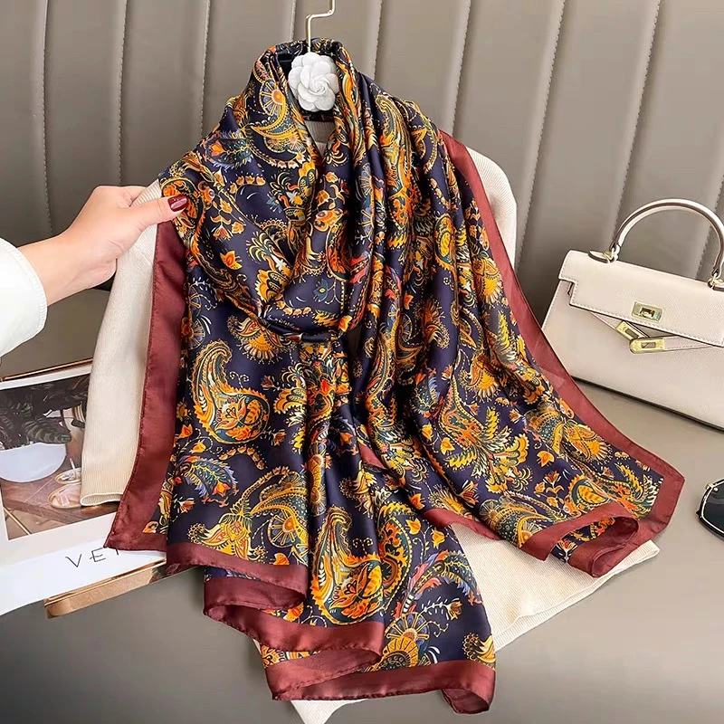 3月【金色腰果 丽锦缎长巾】90*180防晒女丝巾纱巾洋气时尚百搭春